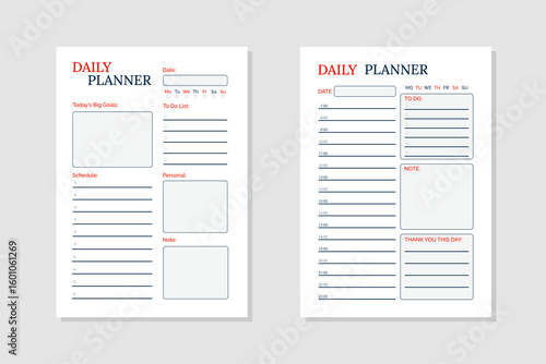 Two vector simple daily planner templates with sections for date, schedule, to- do list, notes and goals