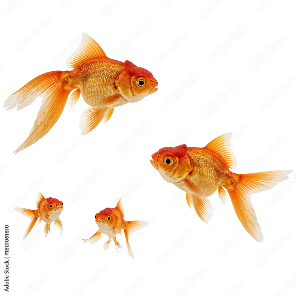 Fototapeta premium Golden Aquatic Serenity, a quartet of goldfish gracefully swimming against an infinite space