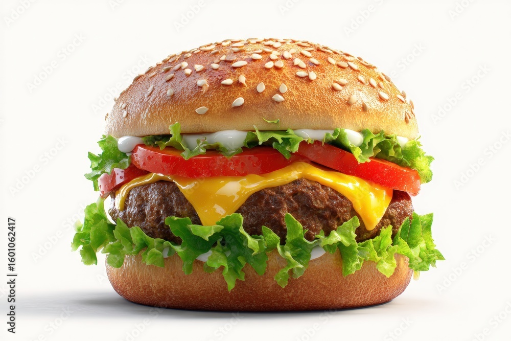 Photorealistic Gourmet Burger with Lettuce, Tomato, Cheese on White Background Photorealistic Gourmet Burger with Lettuce, Tomato, Cheese on White Background