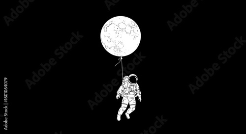 Celestial Voyager: Astronaut Floating with Moon Balloon on Black Background
