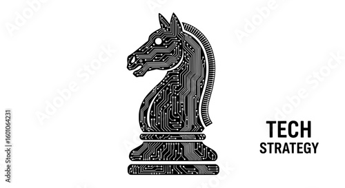 Tech Knight: Circuit Board Chess Knight Strategic Line Art
