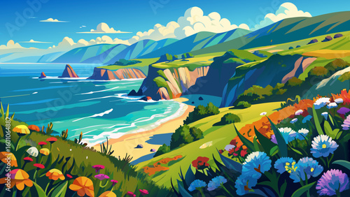 A coastal spring panorama of Big Sur, California — cliffs covered in wildflowers, waves glittering under blue sky, and vibrant greenery perfect for a bold and vivid vector artwork.

