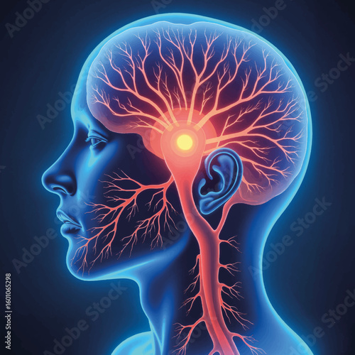 Human brain illustration showing neural pathways and arteries  