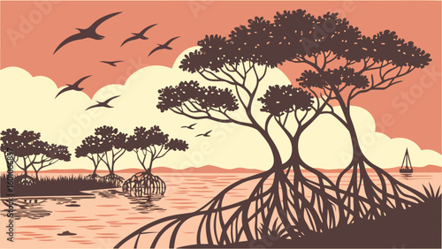 Mangrove Estuary Sunset Landscape Vector—Tropical Wetland with Wading Birds, Reflective Water, Golden Hour