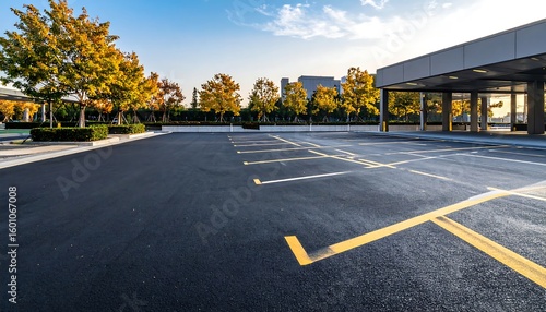 Empty parking lot in a park-like setting