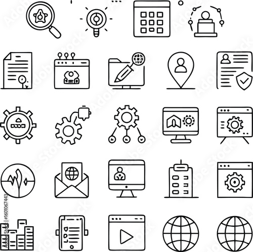 Collection of business and technology icons silhouette isolated on transparent background