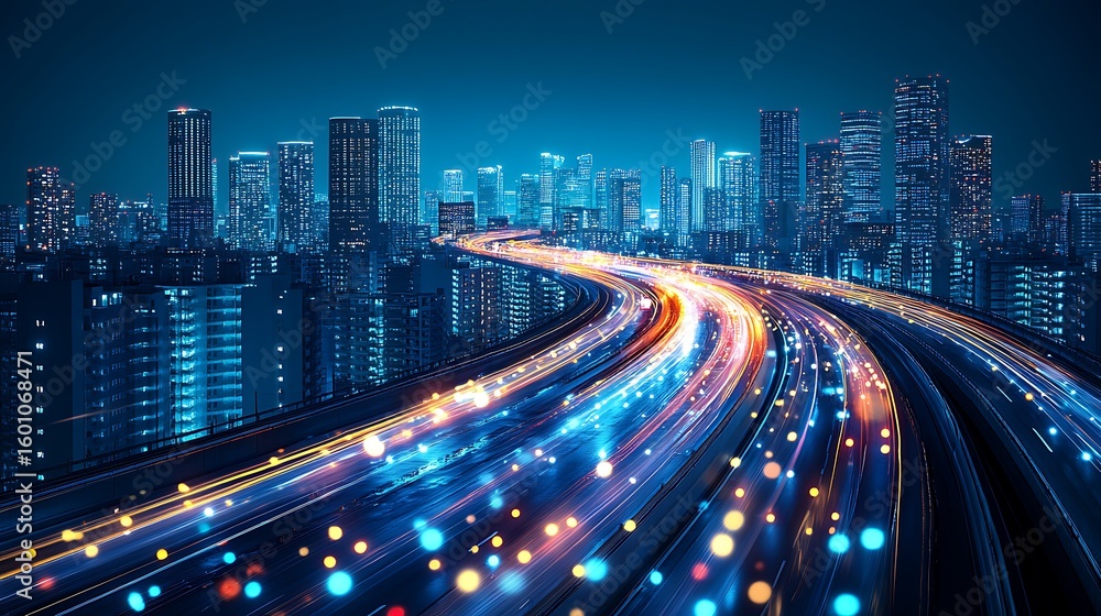 Fototapeta premium Illuminated city streets at night, showcasing a highway's motion.