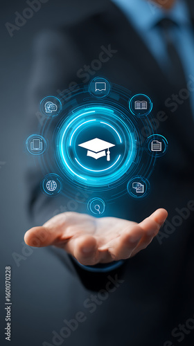 Glowing digital education network surrounding graduation cap and icons presented on open palm technology