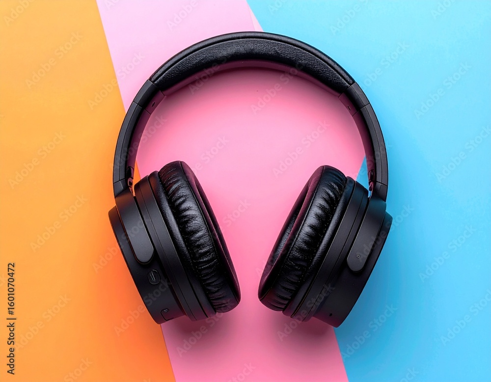 Overhead black headphones on a colorful background of orange pink and blue in a studio shot view Overhead black headphones on a colorful background of orange pink and blue in a studio shot view
