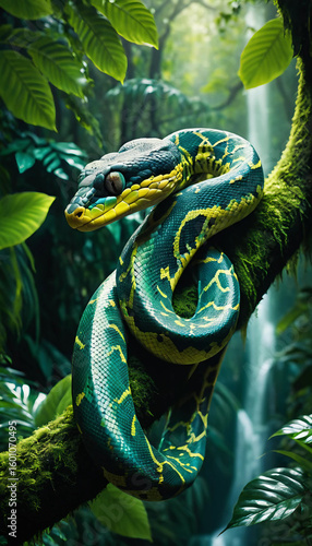 tree python, its vibrant green scales glistening in the dappled light, coils around a sturdy branch in the heart of a lush, vibrant rainforest, amidst a kaleidoscope of emerald green leaves