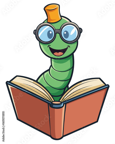 Cartoon bookworm reading book vector illustration for education and learning resources and design projects