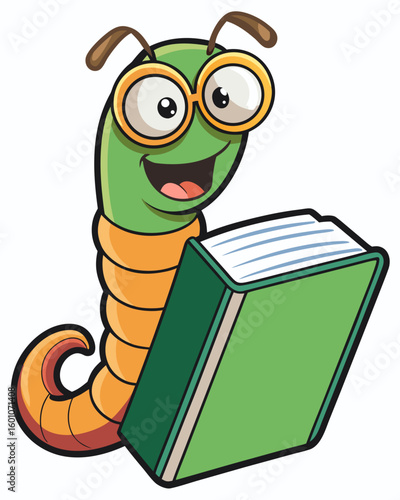 Cartoon bookworm reading a book illustration vector image for education and learning resources design