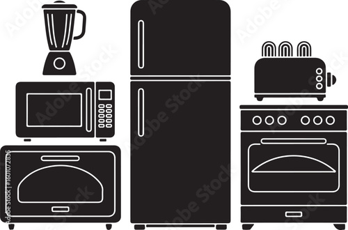 Kitchen appliances including blender microwave oven refrigerator and toaster vector