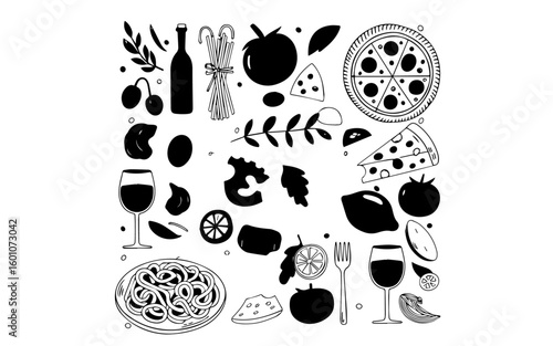 Mediterranean lunch and dinner icons in doodle style. Pasta, olive, pizza, cheese, tomato, lemon, food