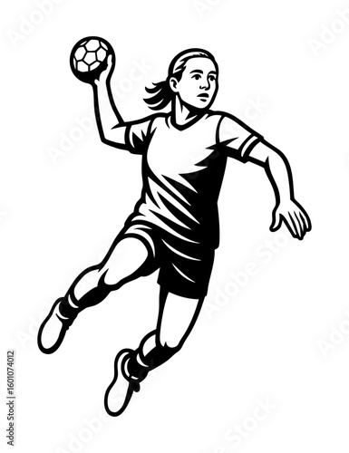 Female handball player in mid-air throwing pose. SVG cutout in silhouette style for sport-themed uses.