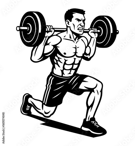 Muscular man lifting barbell in squat position. Isolated SVG for fitness and gym themed projects.