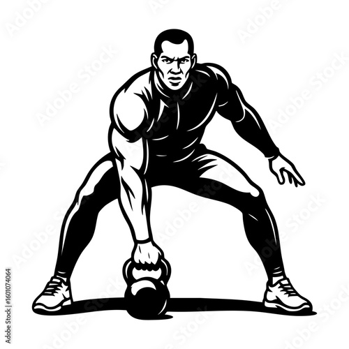 Muscular man performing a kettlebell deadlift with wide stance. Powerful vector cutout for gym visuals.