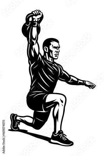 Man performing a lunge with a kettlebell raised overhead. Controlled athletic posture in silhouette for fitness use.