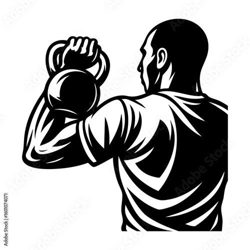 Silhouette of a man seen from the back, holding a kettlebell in one hand. Fitness vector for cutout use.