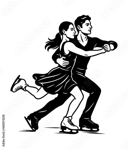 Figure skating couple in synchronized motion, SVG silhouette cut out for winter sport and dance designs.