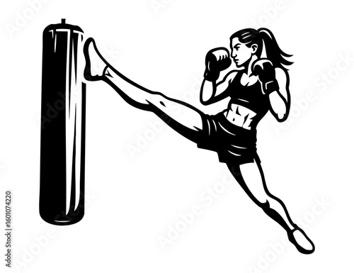 Illustration of a female kickboxer kicking a punch bag. Isolated drawing for sports or fitness designs.