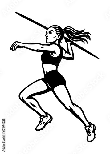 Female athlete preparing javelin throw, SVG silhouette cutout for track and field sports designs.