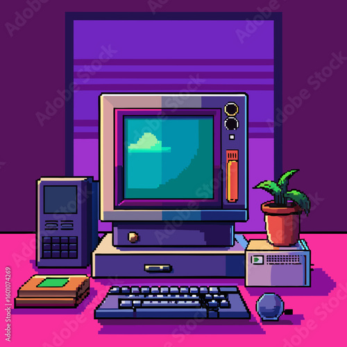 Retro pixel art computer setup with a potted plant and a cloudy screen display