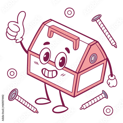 A cheerful cartoon toolbox gives a thumbsup gesture surrounded by nails and