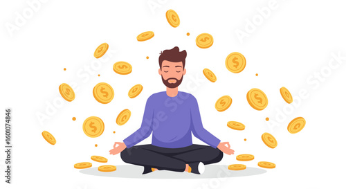 Meditating man surrounded by floating coins