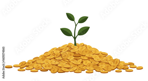 Growing plant sprouting from a pile of golden coins