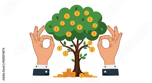 Hands nurturing money tree with coins