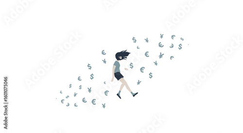 Illustration of a girl walking amid floating currency symbols