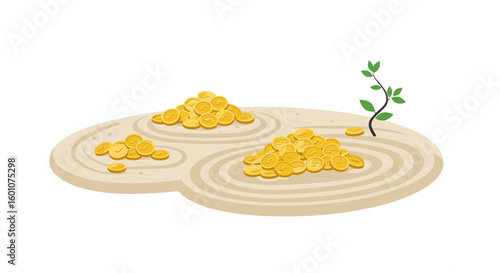 Gold coins and a small plant on sandy background