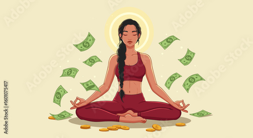 Meditating woman with money raining down in a serene setting