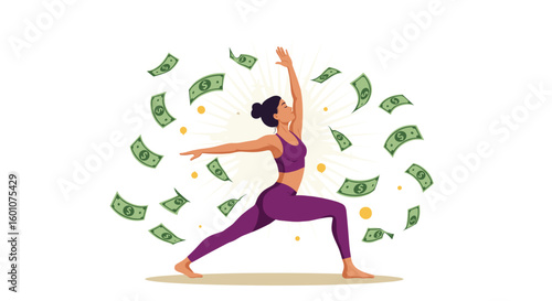 Woman in yoga pose surrounded by flying money