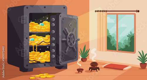 Safe filled with gold coins in a cozy room
