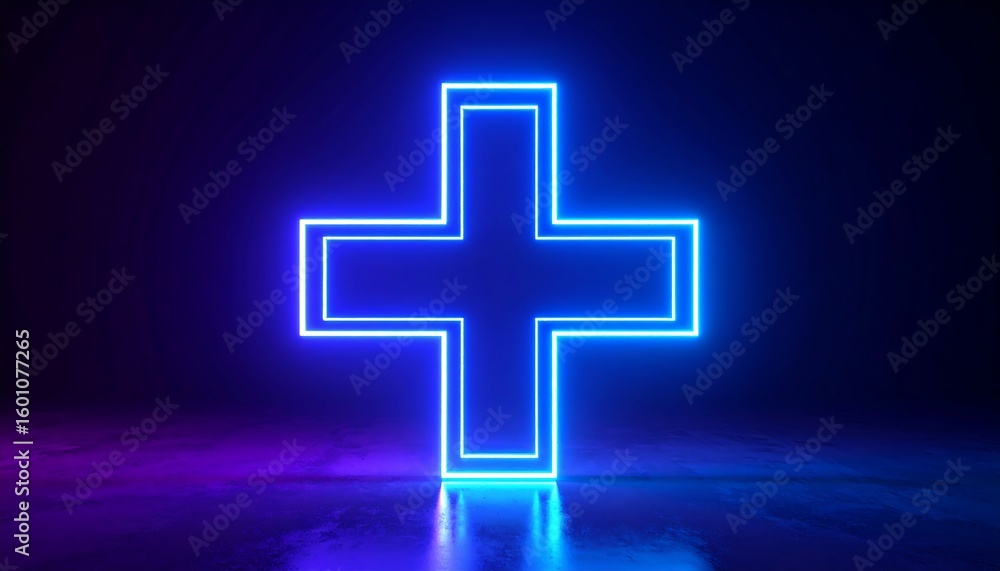 Fototapeta premium Neon plus sign on a dark reflective surface