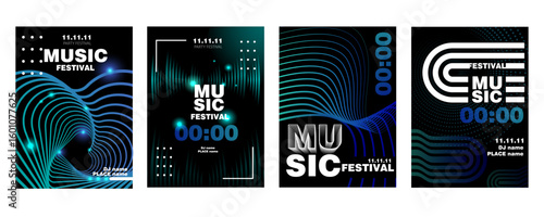 Set of abstract music festival posters with glowing wave lines, modern graphic style, on dark backgrounds. Concept of party, sound, and nightlife events. Set of vector illustrations