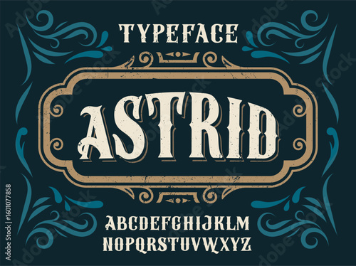 Stylized vintage typeface named Astrid in bold distressed letters with ornate frame and floral elements, displayed on a dark background. Vector illustration
