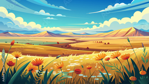 The spring panorama across the Great Plains offers golden fields, scattered wildflowers, and wide-open skies — a calming and minimalistic view captured in semi-realistic detail.


