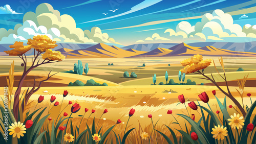 The spring panorama across the Great Plains offers golden fields, scattered wildflowers, and wide-open skies — a calming and minimalistic view captured in semi-realistic detail.

