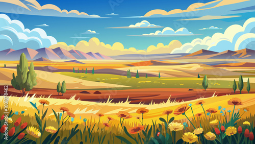The spring panorama across the Great Plains offers golden fields, scattered wildflowers, and wide-open skies — a calming and minimalistic view captured in semi-realistic detail.

