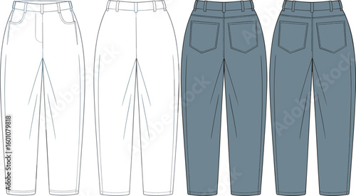 High waist pants, denim fashion trousers, front and back view, flat sketch design, vector cad drawing, stylish garment illustration