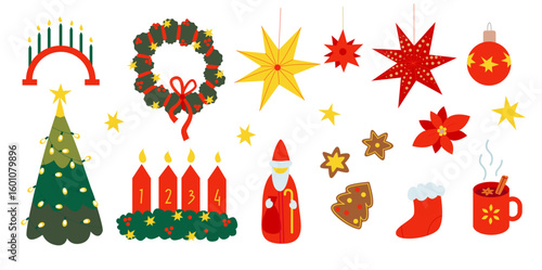 Illustration of Advent, St. Nicholas, Mulled Wine and Candle Arch, Advent wreath, stars and Christmas tree. Traditional European Christmas and Advent celebration.