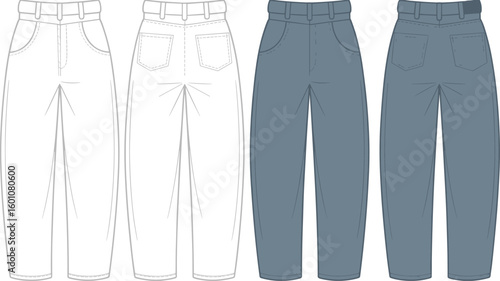 High waist pants, front and back view, denim jeans technical sketch, flat fashion cad drawing, vector apparel template, clothing illustration
