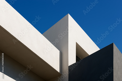 Modern architectural design with sharp angles and contrasting shadows against a clear blue sky