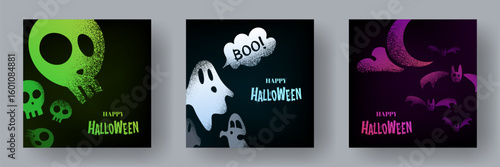 Set of Halloween square posters with grainy icons. Creative illustrations, silhouettes of skulls, ghosts, moon and flying bats. Spooky holiday decorations, greeting cards templates, vector covers.