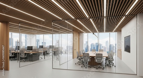 Modern office interior with glass walls and wood slatted ceiling