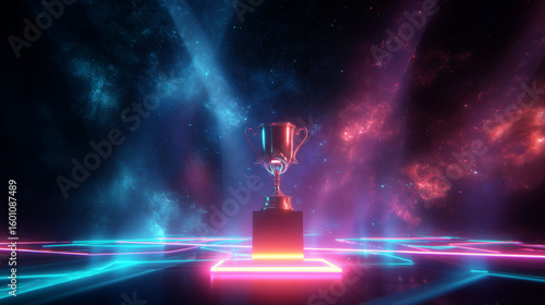 Trophy shines on neon platform under starry sky. Concept celebrates victory. Use for digital media, banner ads, website design, marketing, editorial.