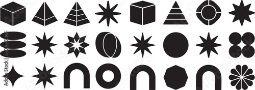 A collection of abstract geometric shapes and symbols in black and white silhouette icons